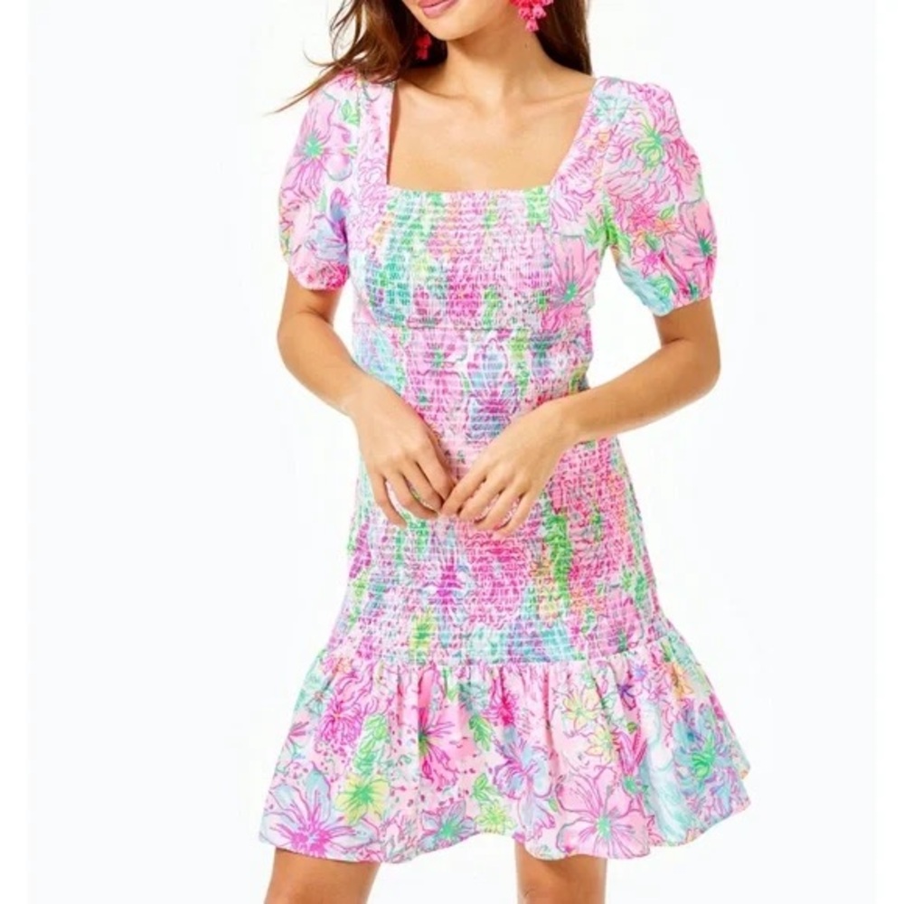 Lilly Pulitzer Evelina Smocked Shift Dress in Floral Multi Paradise Large NWT